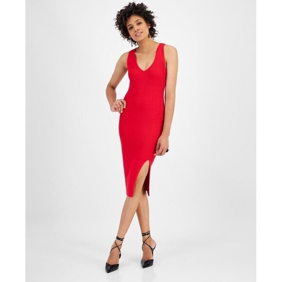 Bar III Women's Rib-Knit Sleeveless Midi Sweater Dress  side slit hem Red XSmall - Picture 1 of 4